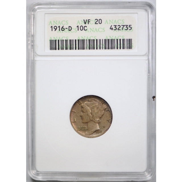 1916 D 10C Mercury Dime ANACS VF 20 Very Fine  Denver Mint Key Date Looks Better !