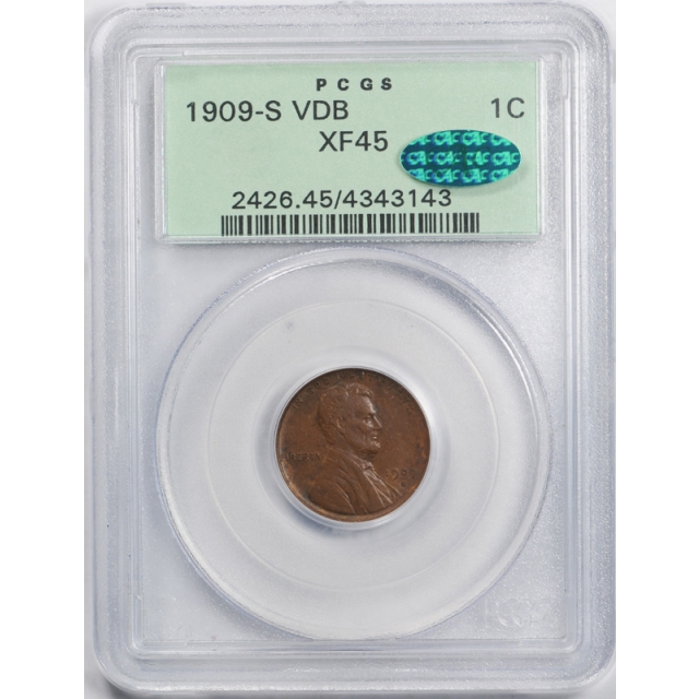 1909 S VDB 1C Lincoln Wheat Cent PCGS XF 45 Extra Fine to AU Key Date OGH CAC ! 