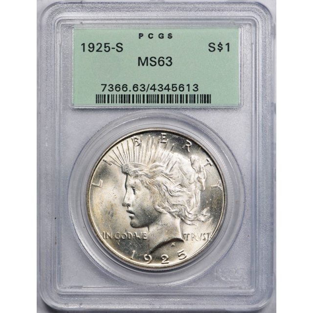 1925 S $1 Peace Dollar PCGS MS 63 Uncirculated OGH Stunning Coin Old Holder