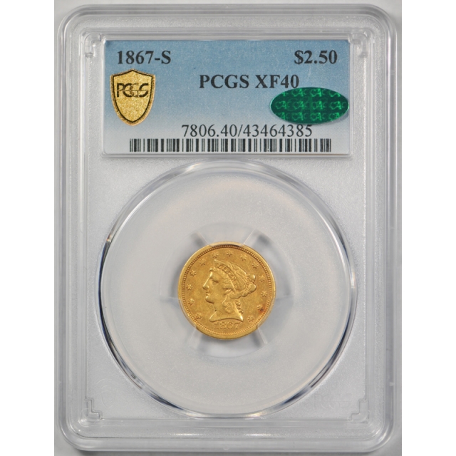1867 S $2.50 Liberty Head Quarter Eagle  Gold PCGS XF 40 CAC Approved Extra Fine