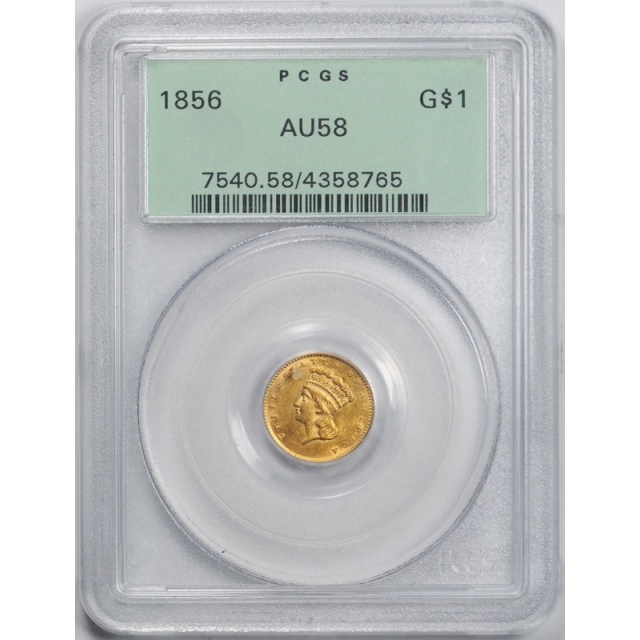 1856 G$1 Slanted 5 Gold Dollar Liberty Head PCGS AU 58 About Uncirculated OGH ! 