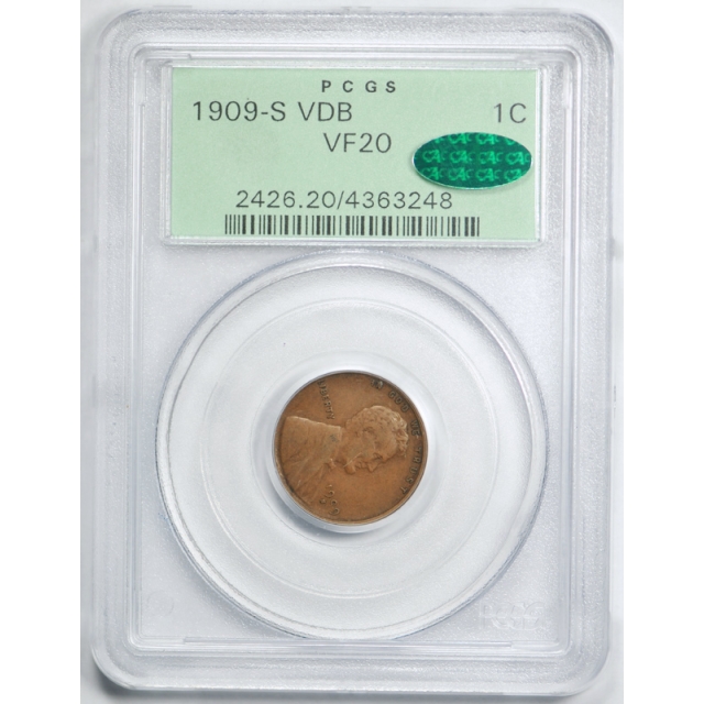 1909 S VDB 1C Lincoln Wheat Cent PCGS VF 20 Very Fine CAC Approved OGH Old Holder