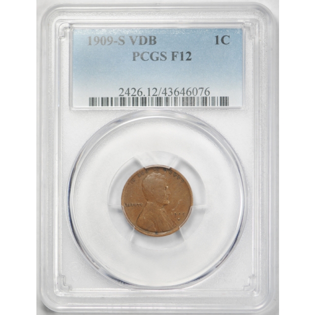 1909 S VDB 1C Lincoln Wheat Cent PCGS F 12 Fine Chocolate Brown Key Date ! 