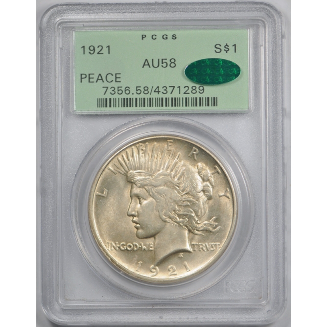 1921 $1 Peace Dollar High Relief PCGS AU 58 About Uncirculated CAC Approved OGH ! 