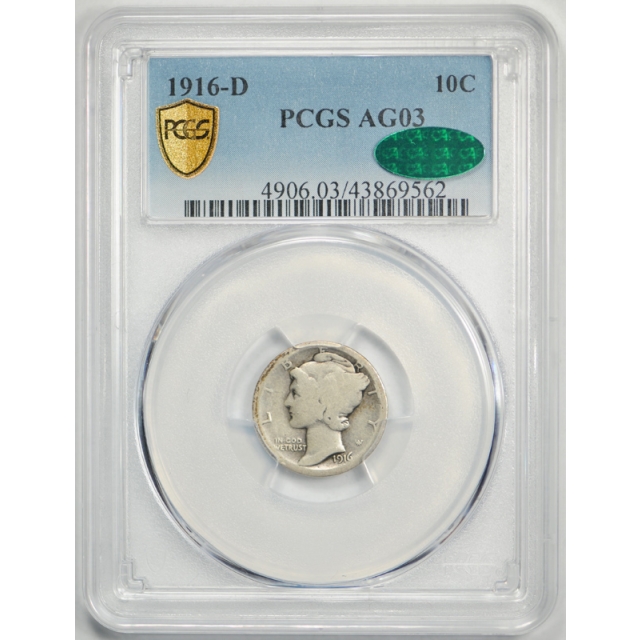 1916 D 10C Mercury Dime PCGS AG 3 About Good CAC Approved Key Date Nice !
