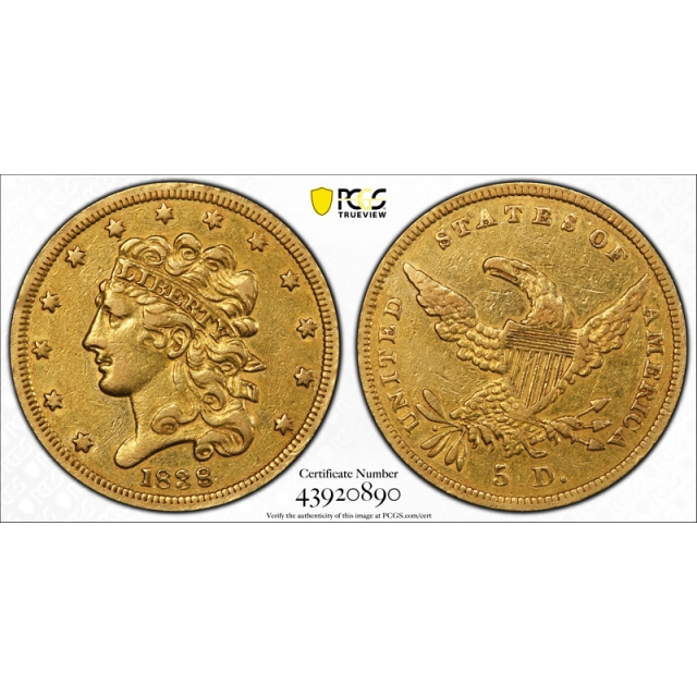 1838 $5 Classic Head Half Eagle Gold Piece PCGS XF Extra Fine Details 'Cleaned'