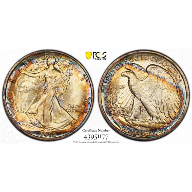 1916 S 50C Walking Liberty Half Dollar PCGS MS 62 Colorful Toned Exceptional !