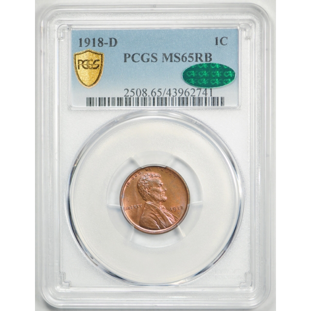 1918 D 1C Lincoln Wheat Cent PCGS MS 65 RB CAC Approved Exceptional Toned !