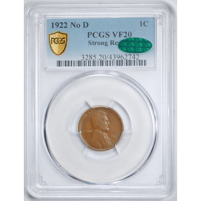 1922 No D 1C Lincoln Wheat Cent Strong Reverse PCGS VF 20 Very Fine CAC Approved