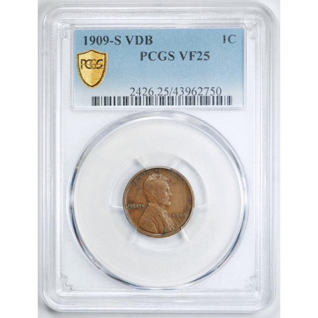 1909 S VDB 1C Lincoln Wheat Cent PCGS VF 25 Very Fine to Extra Fine Key Date !
