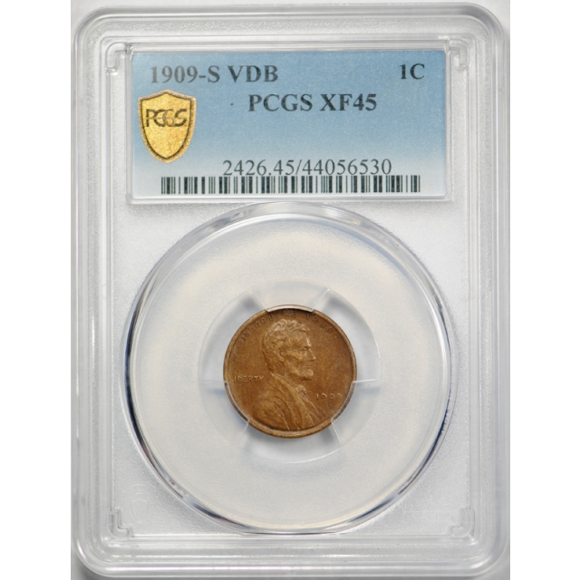 1909 S VDB 1C Lincoln Wheat Cent PCGS XF 45 Extra Fine to AU Key Date Attractive Coin !