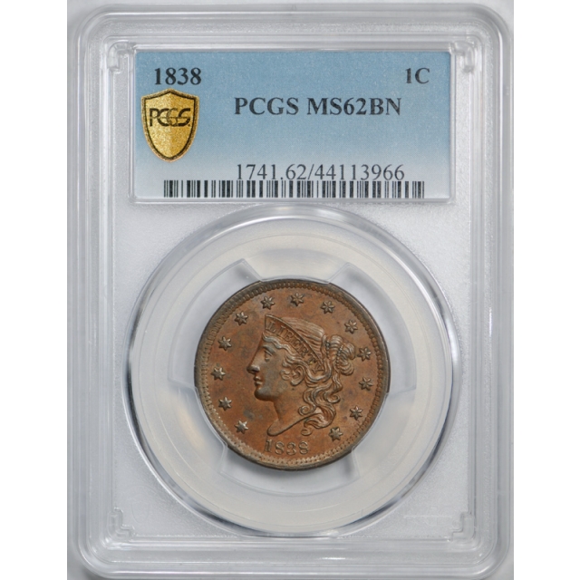 1838 1C Coronet Head Large Cent PCGS MS 62 BN Uncirculated US Type Coin 