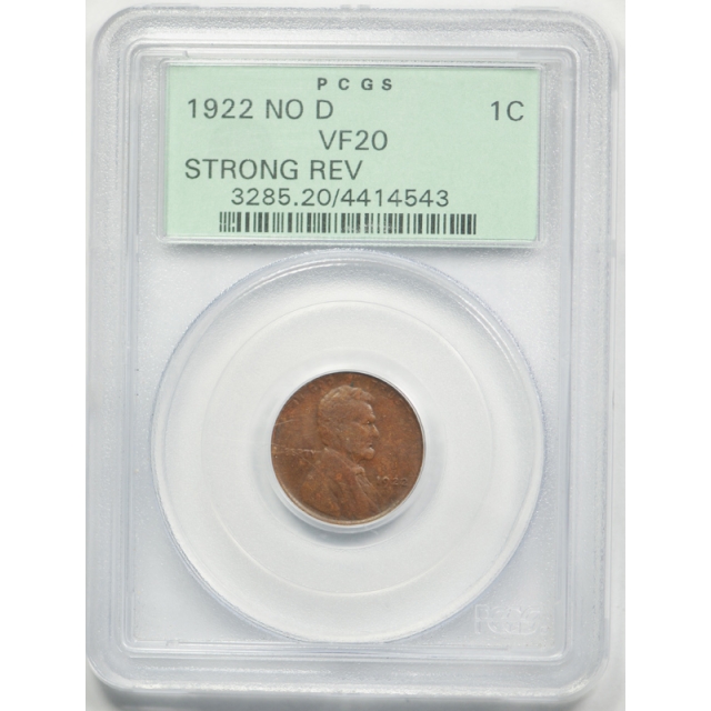 1922 No D 1C Strong Reverse Lincoln Wheat Cent PCGS VF 20 OGH Very Fine + !