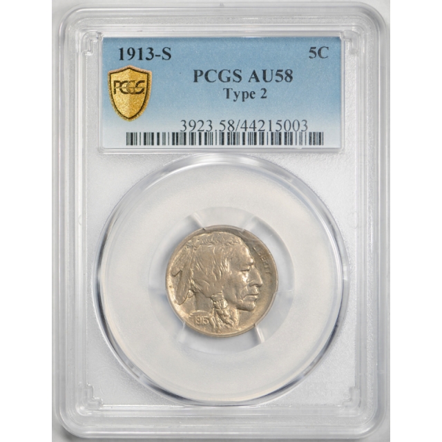 1913 S 5C Type 2 Buffalo Head Nickel PCGS AU 58 About Uncirculated TY 2 Key Date Toned