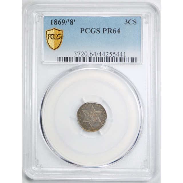 1869/8 3CS Three Cent Silver Proof PCGS PR 64 Overdate Rare Variety Coin 1869/"8"