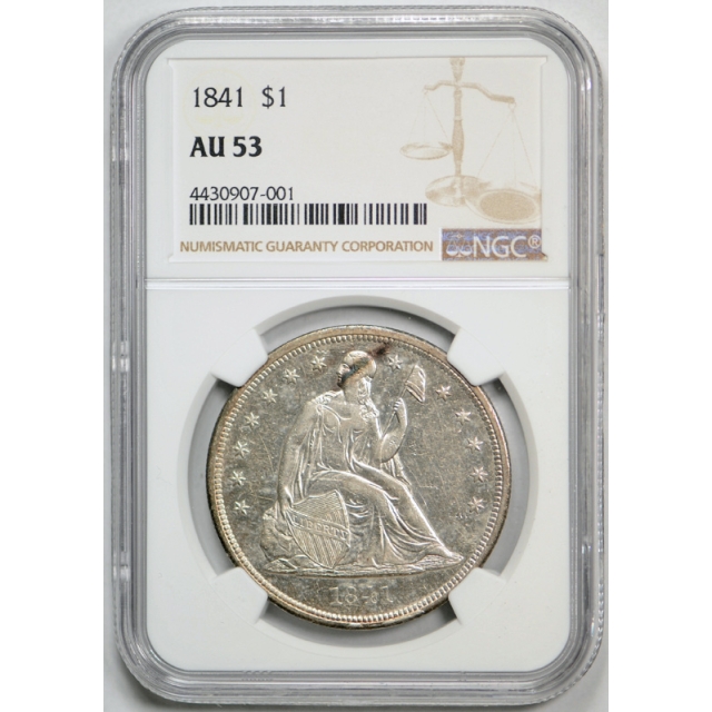 1841 $1 Seated Liberty Dollar NGC AU 53 About Uncirculated Lustrous Coin Mostly White ! 