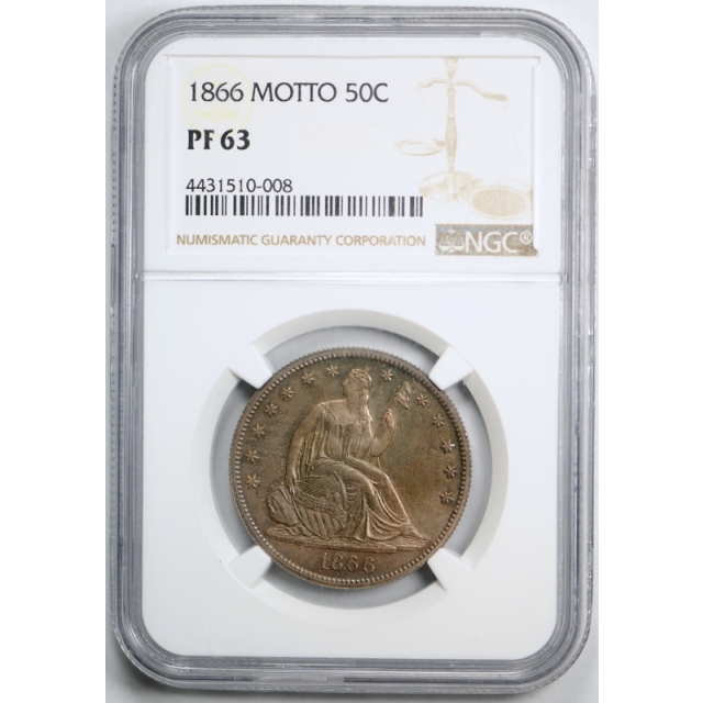 1866 50c Seated Liberty Half Dollar NGC PF 63 Proof PR Low Mintage Toned Coin