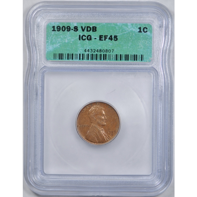 1909 S VDB 1C Lincoln Wheat Cent ICG EF 45 Extra Fine to About Uncirculated Key Date !