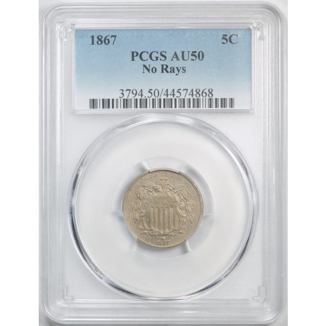 1867 5C No Rays Shield Nickel PCGS AU 50 About Uncirculated US Type Coin 
