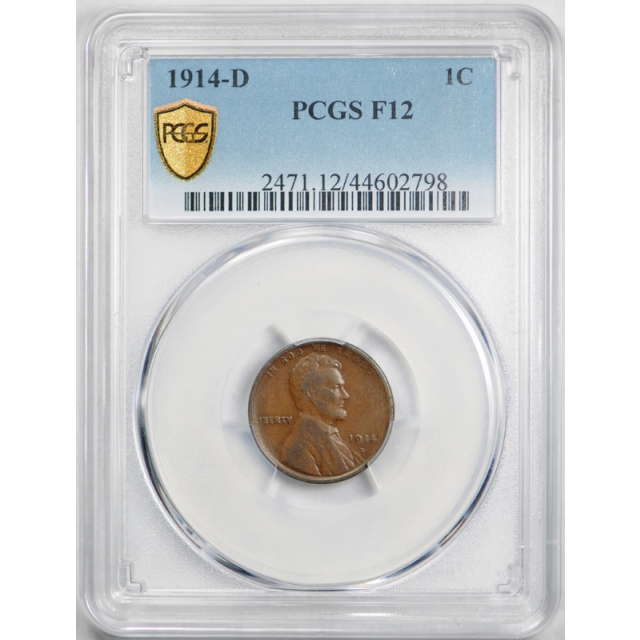 1914 D 1C Lincoln Wheat Cent PCGS F 12 Fine Denver Mint Key Date Original Nice !