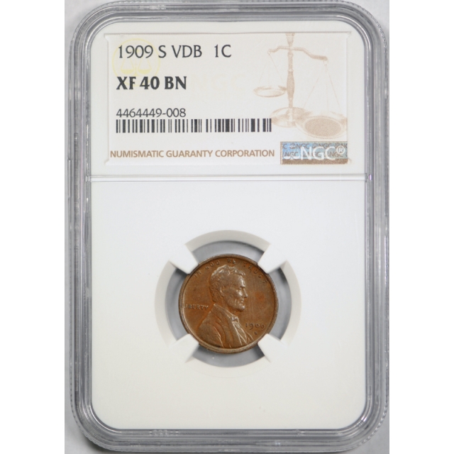 1909 S VDB 1c Lincoln Wheat Cent NGC XF 40 BN Extra Fine Key Date Nice !