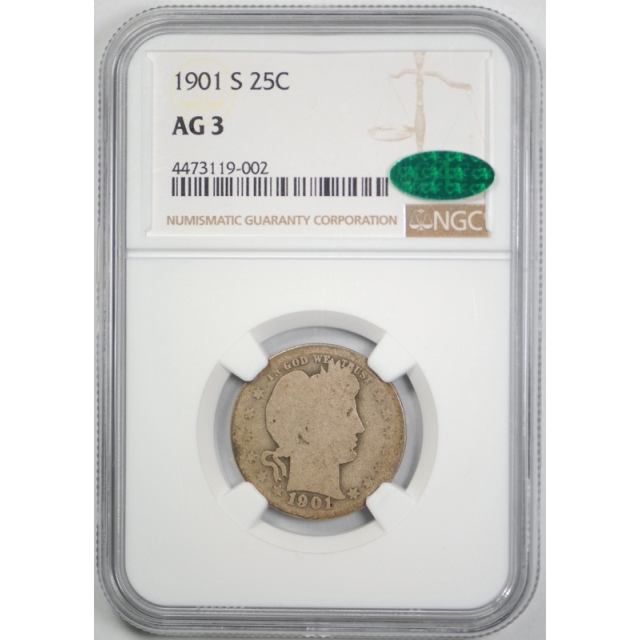 1901 S 25c Barber Quarter NGC AG 3 About Good CAC Approved Key Date Original !