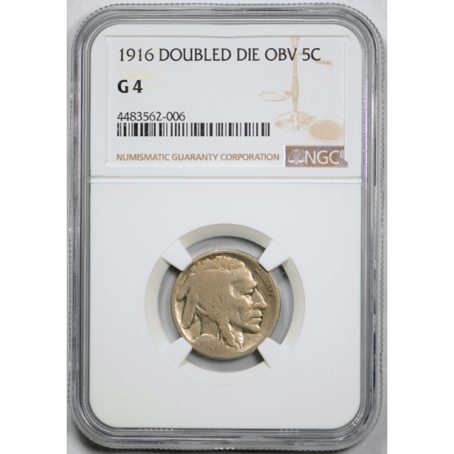 1916 Double Die Obverse 5c Buffalo Head Nickel 1916/16 DDO NGC G 4 Good Tough