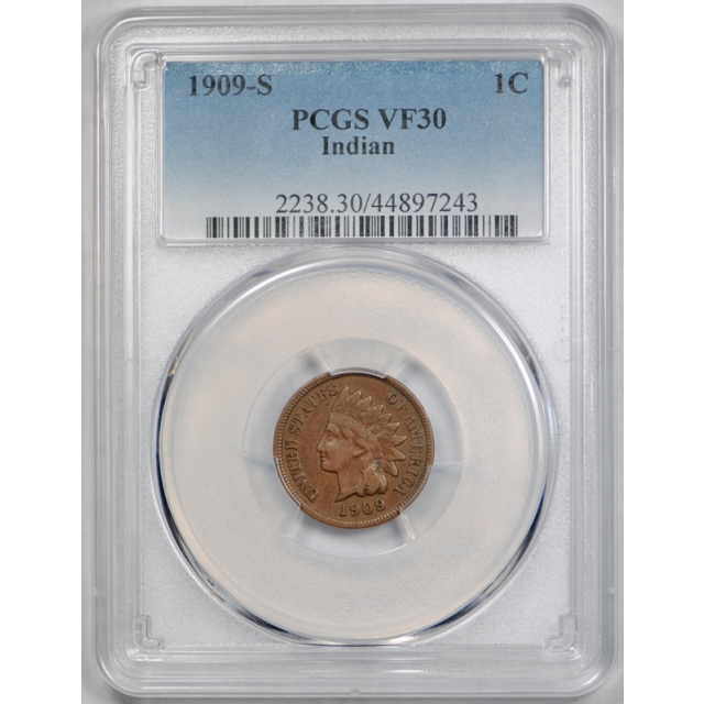 1909 S 1c Indian Head Cent PCGS VF 30 Very Fine to Extra Fine Key Date Original Coin 