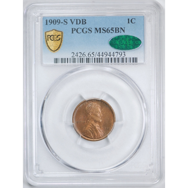 1909 S VDB 1C Lincoln Wheat Cent PCGS MS 65 BN Uncirculated CAC Approved Nice !