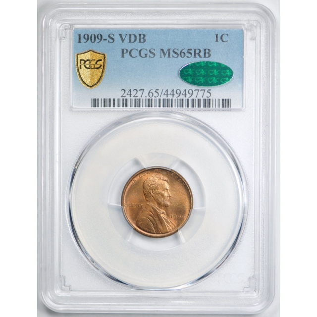 1909 S VDB 1C Lincoln Wheat Cent PCGS MS 65 RB Uncirculated CAC Approved Nice !