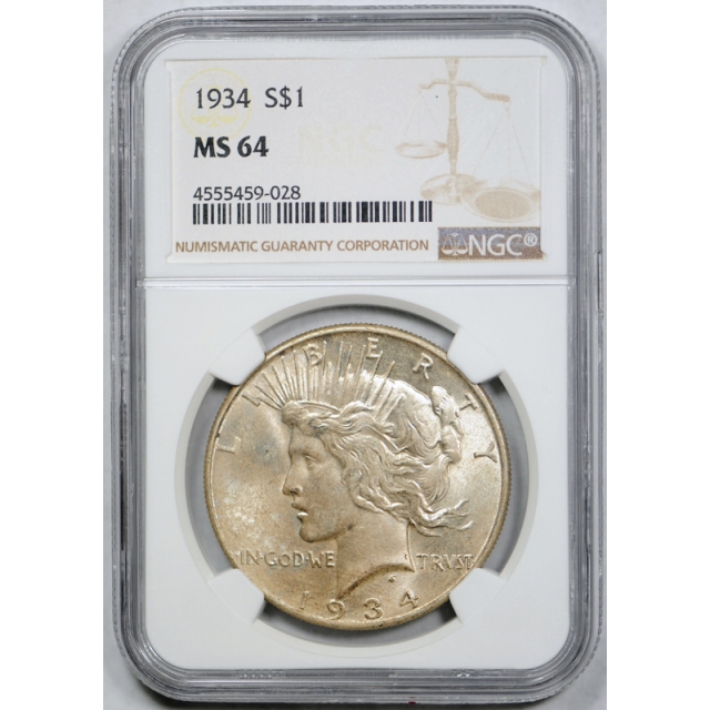 1934 $1 Peace Dollar NGC MS 64 Uncirculated Better Date Lightly Toned