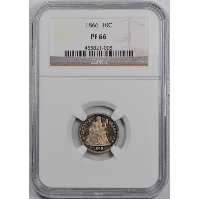 1866 10c Seated Liberty Dime NGC PR 66 Proof High End Toned Beauty Key  