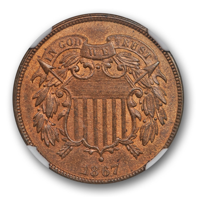 1867 2c Two Cent Piece NGC MS 65 RB Uncirculated Red Brown CAC Approved Beauty ! 