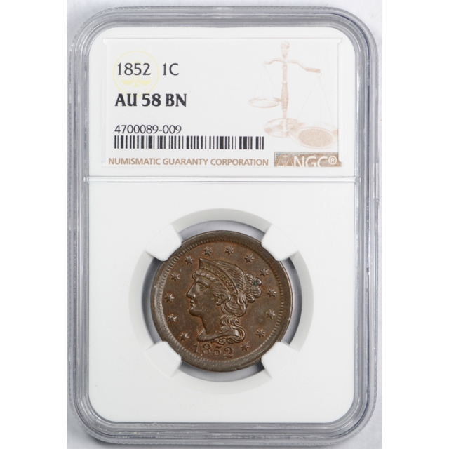 1852 1c Braided Hair Large Cent NGC AU 58 About Uncirculated Dark Brown