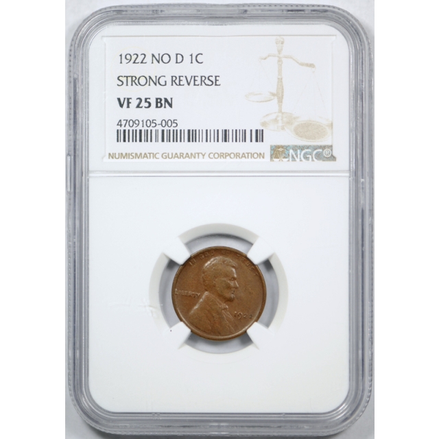 1922 1c No D Strong Reverse Lincoln Wheat Cent NGC VF 25 Very Fine Looks XF ! 