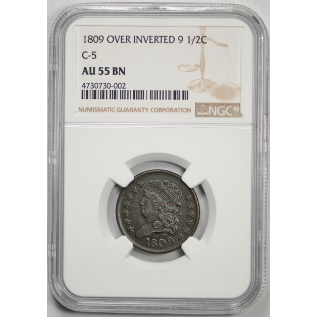 1809/6 Classic Head Half Cent NGC AU 55 9 Over Inverted 9 About Uncirculated C 5