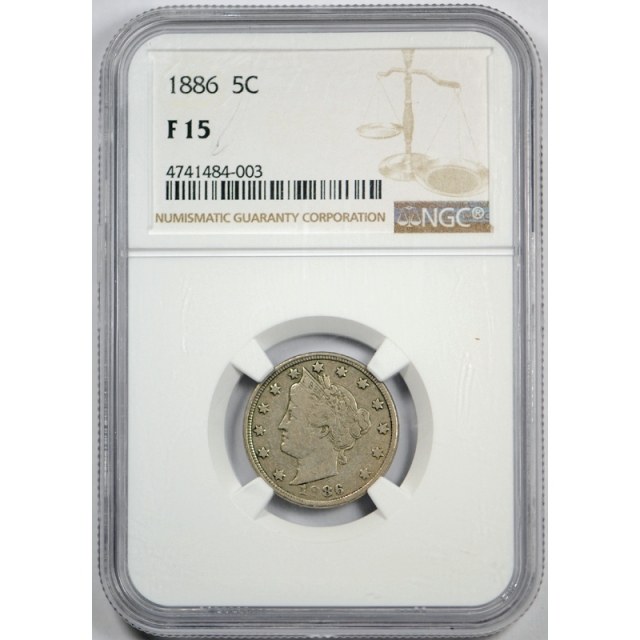 1886 5c Liberty Head Nickel NGC F 15 Fine to Very Fine Key Date Original Coin 
