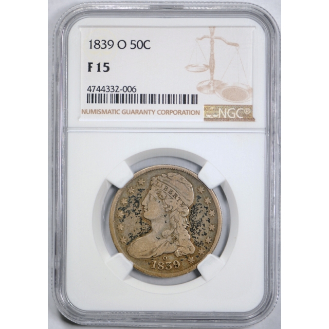 1839 O 50c Capped Bust Half Dollar NGC F 15 Fine to Very Fine Key Date !