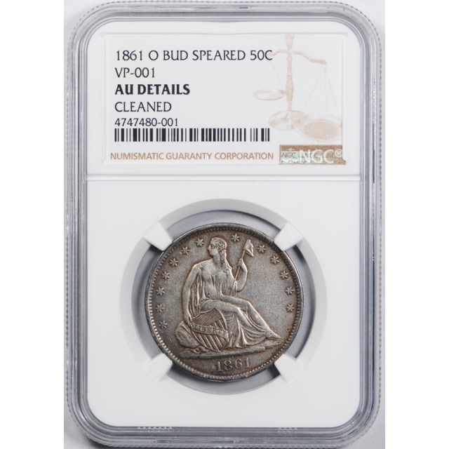 1861 O 50C Speared Olive Seated Liberty Half Dollar NGC AU Details WB 14
