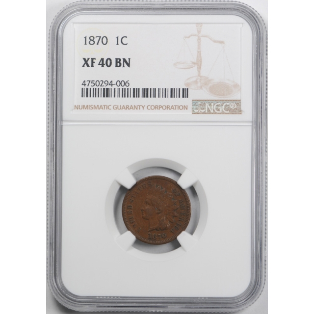 1870 1c Indian Head Cent NGC XF 40 BN Extra Fine Better Date Original Toned Cert#4006