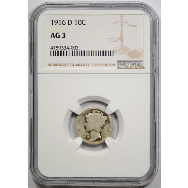 1916 D 10c Mercury Dime NGC AG 3 About Good Denver Mint Key Date Cert#4002
