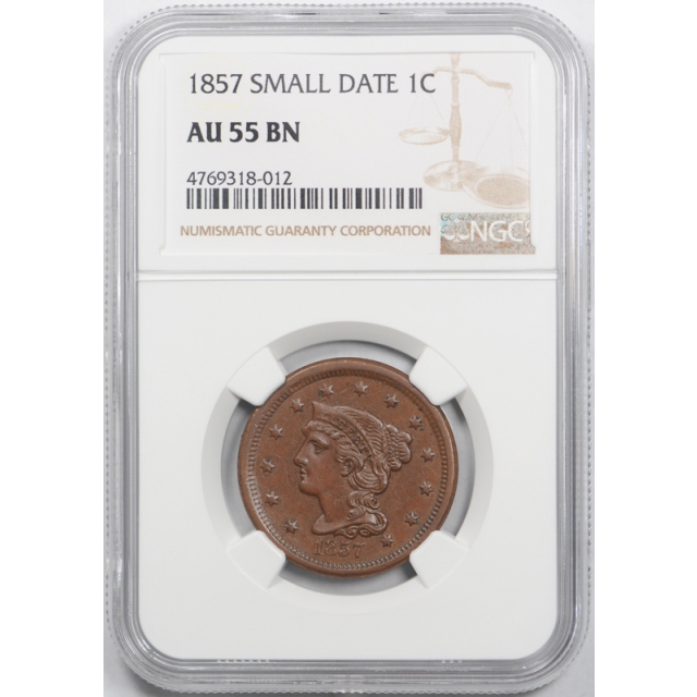 1857 1c Small Date Braided Hair Large Cent NGC AU 55 About Uncirculated Key Date