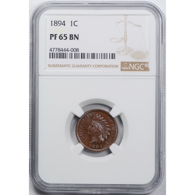 1894 1c Proof Indian Head Cent NGC PF 65 BN Uncirculated Toned Pretty !