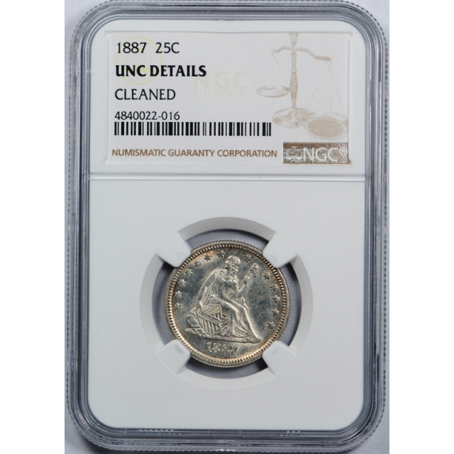 1887 25c Seated Liberty Quarter NGC Uncirculated Details Cleaned Key Date