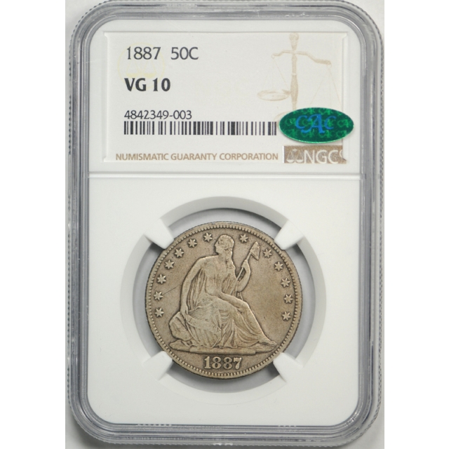 1887 50c Seated Liberty Half Dollar NGC VG 10 Very Good to Fine CAC Approved ! 