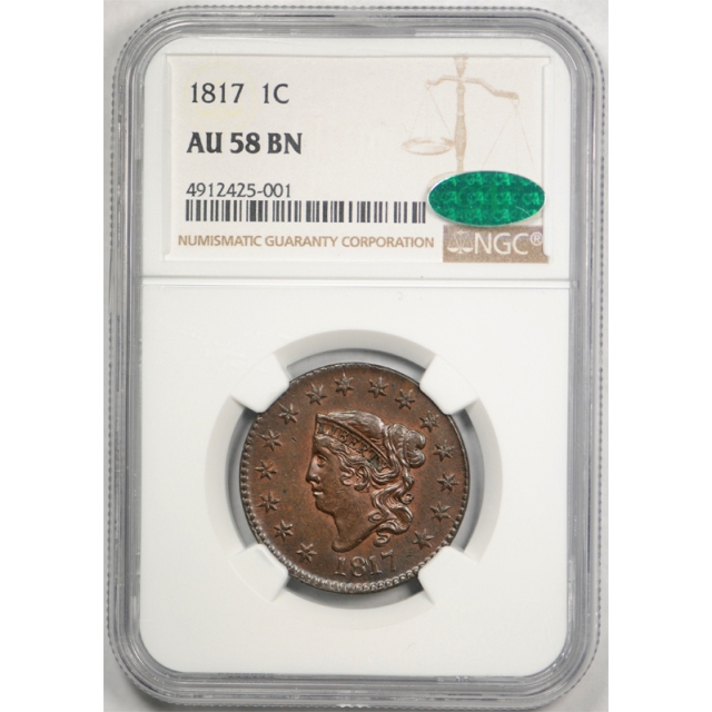 1817 1C 15 Stars Coronet Head Large Cent NGC AU 58 BN CAC Approved Tough Coin !