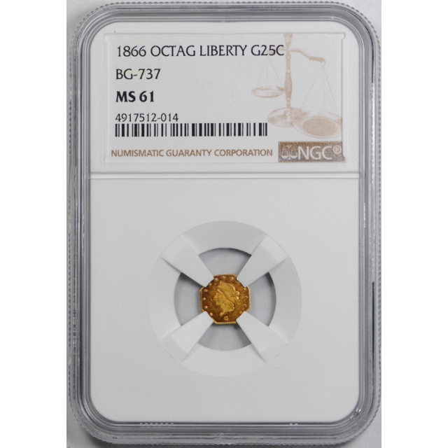 1866 California Fractional Gold BG-737 NGC MS 61 Uncirculated Octag