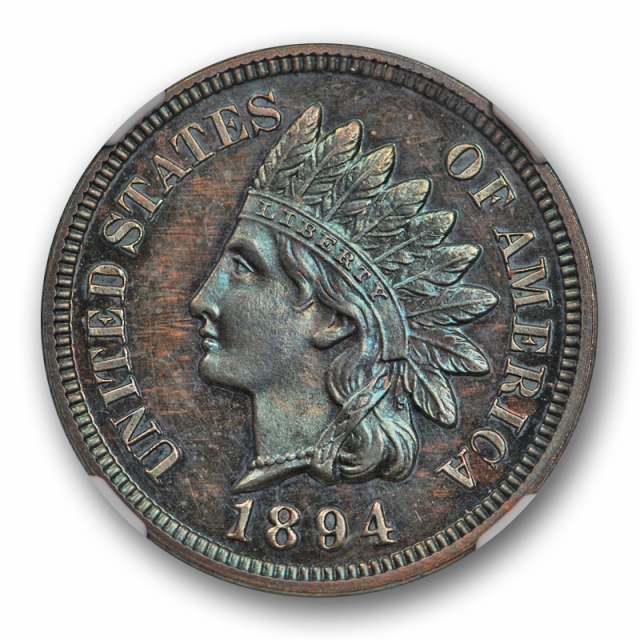 1894 1c Proof Indian Head Cent NGC PF 63 BN Blue Green Toned 