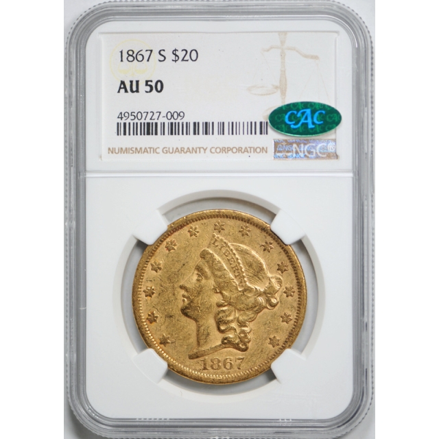 1867 S $20 Liberty Head Double Eagle NGC AU 50 About Uncirculated CAC Approved