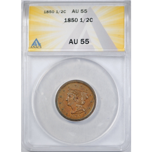 1850 1/2C Braided Hair Half Cent ANACS AU 55 About Uncirculated Attractive !